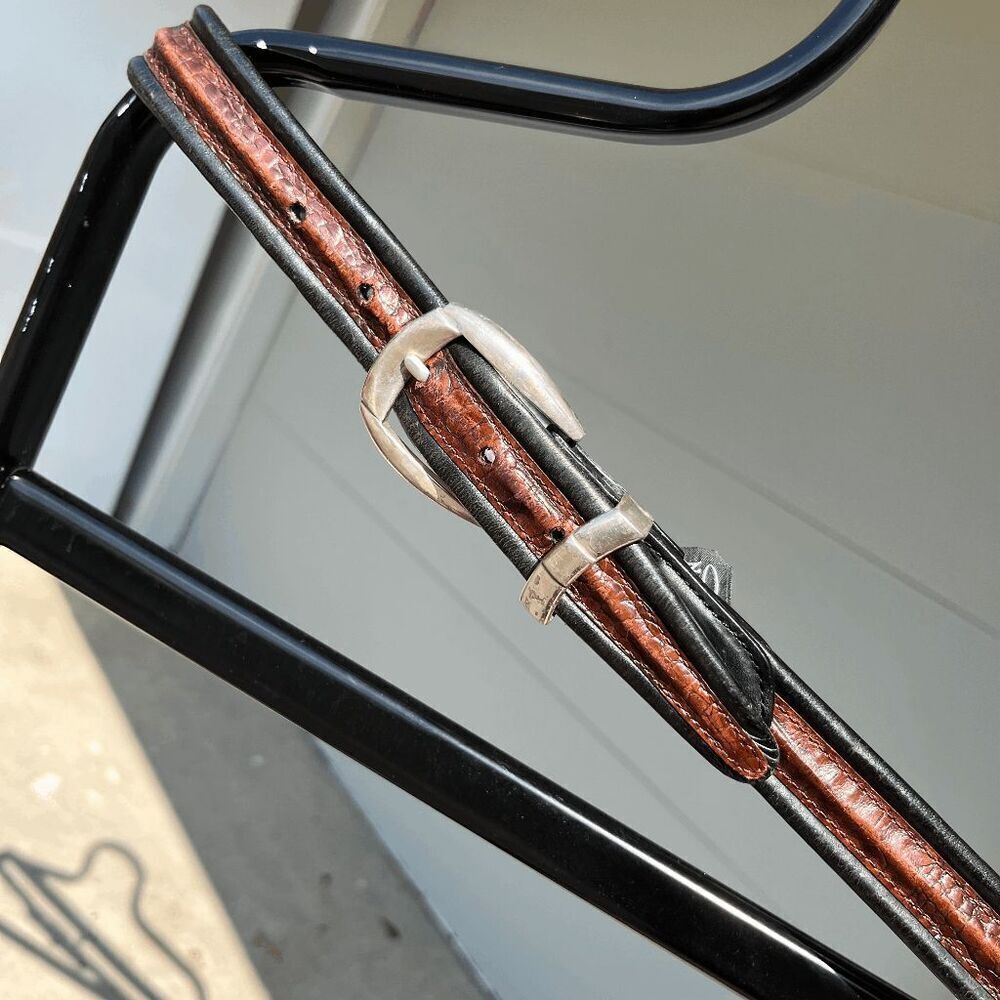 Brighton Black Leather Belt with Brown Croc Embossed Detail Silver Plate Buckle